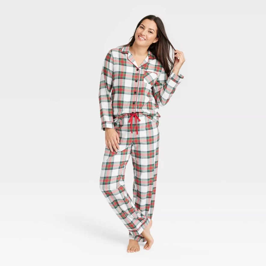 Simply Vera Pjswomen's Autumn Plaid Flannel Pajama Set - Cute Polka Dot  Polyester Sleepwear